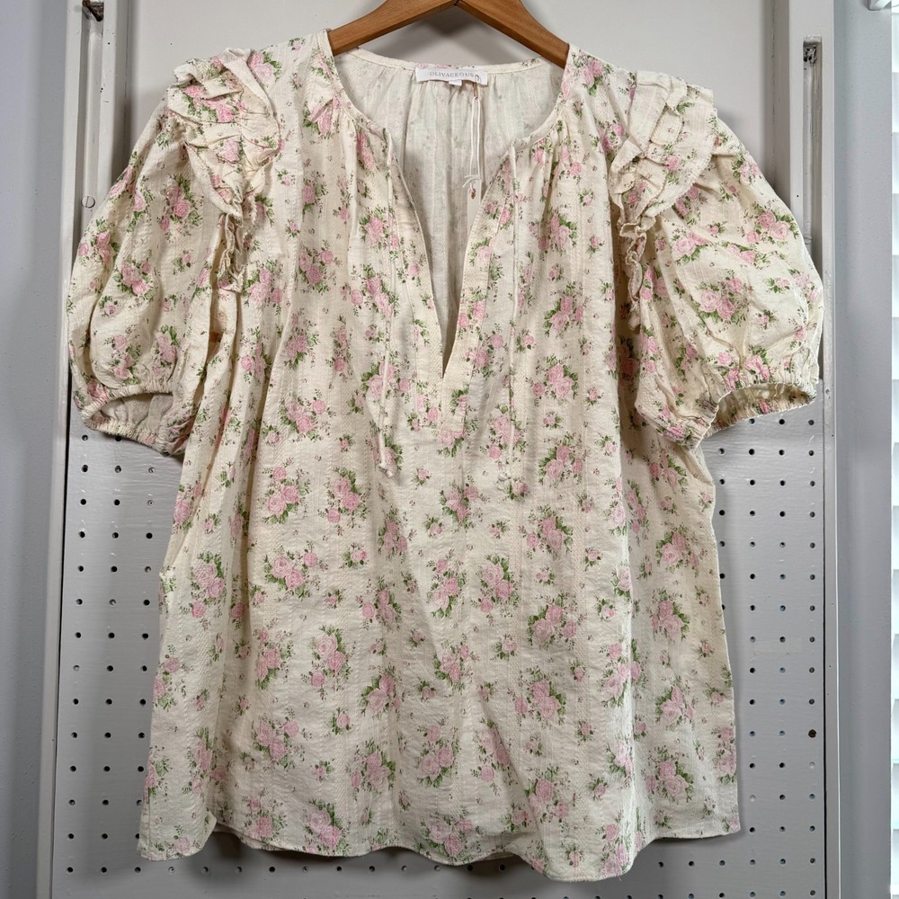 Olivaceous Blouse Women's Beige Floral Ruffle Short Puff Sleeve Tie-Neck - S NWT